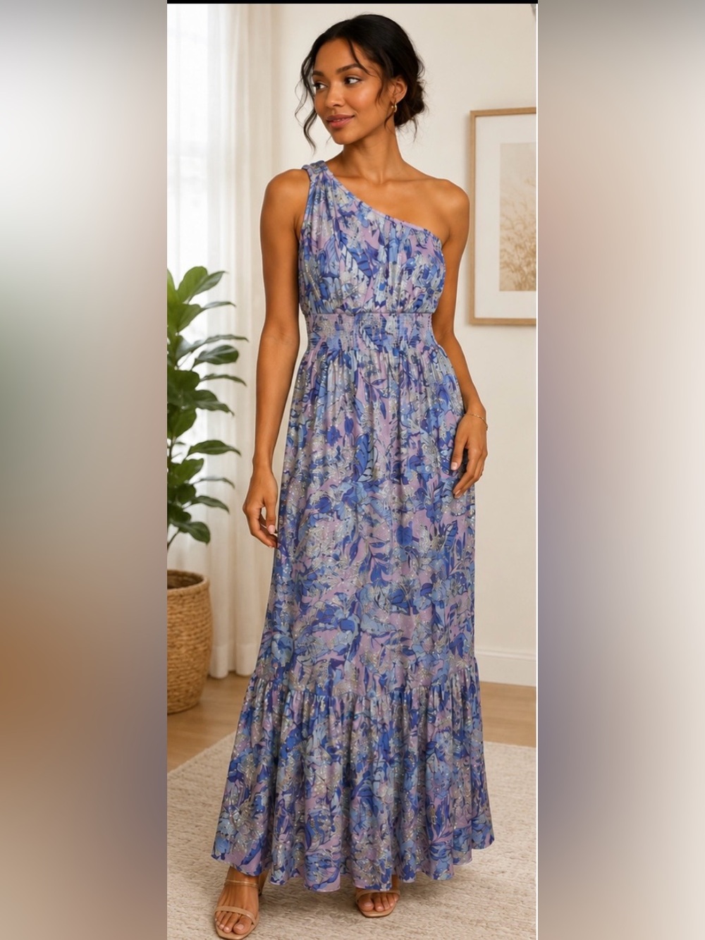 Boston Proper Lavender and Blue One-Shoulder Maxi Dress
